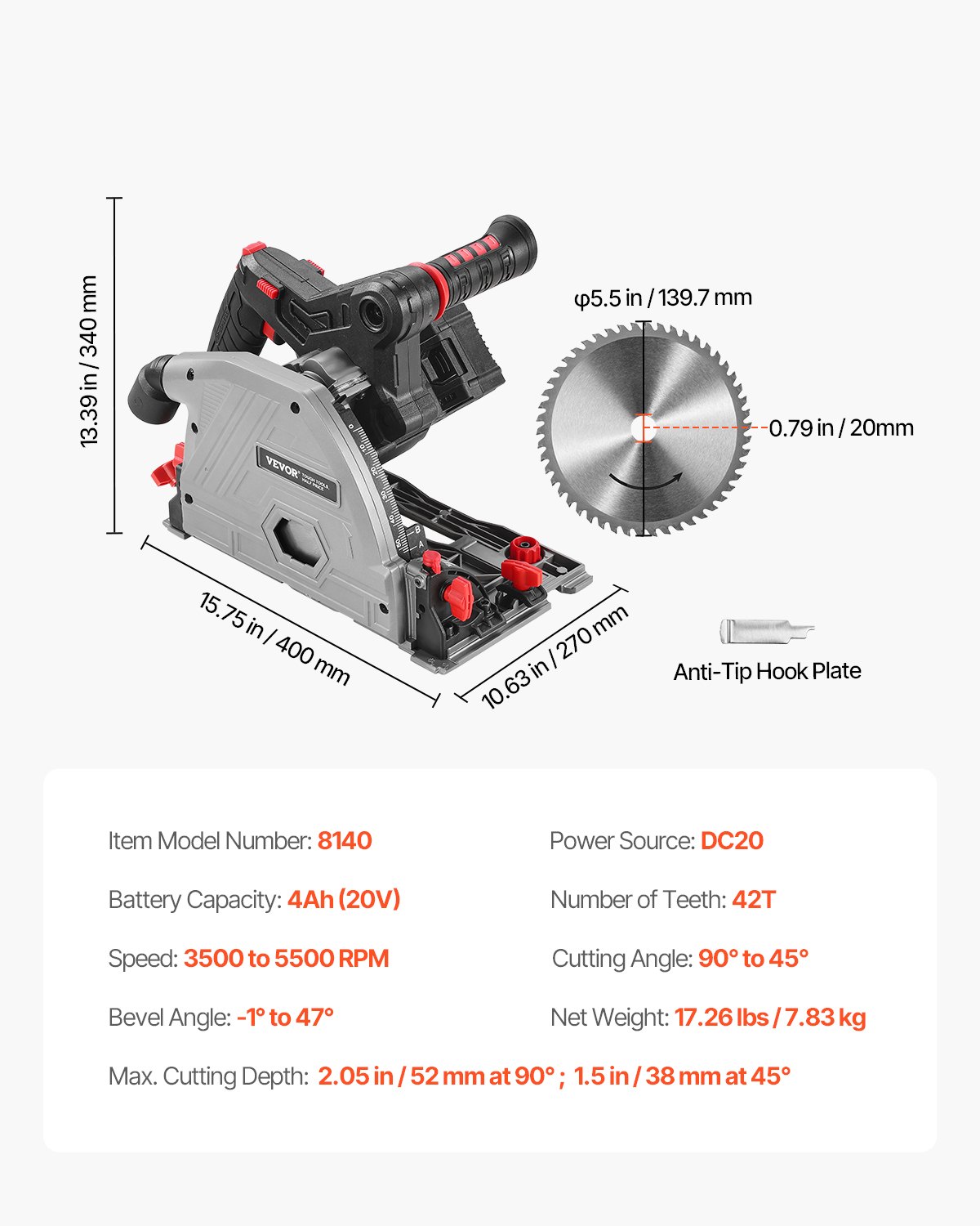 VEVOR Cordless Track Saw, 140 mm(5-1/2 in) Blade, Brushless Plunge Circular Saw Kit, Tracksaw with 4Ah 20V Battery, Hard Case, 52 mm(2.05 in) Cutting Depth, for Wood, Plastic, Tool Only (Guide Rail Sold Separately)