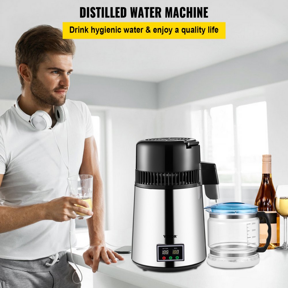 VEVOR 1.1 Gal Water Distiller, 0.3 Gal/H, 750W Distilled Water Maker Machine 0-99H Timing Set Temp Display, 304 Stainless Steel Countertop Distiller Glass Carafe Cleaning Powder 3 Carbon Packs, Silver
