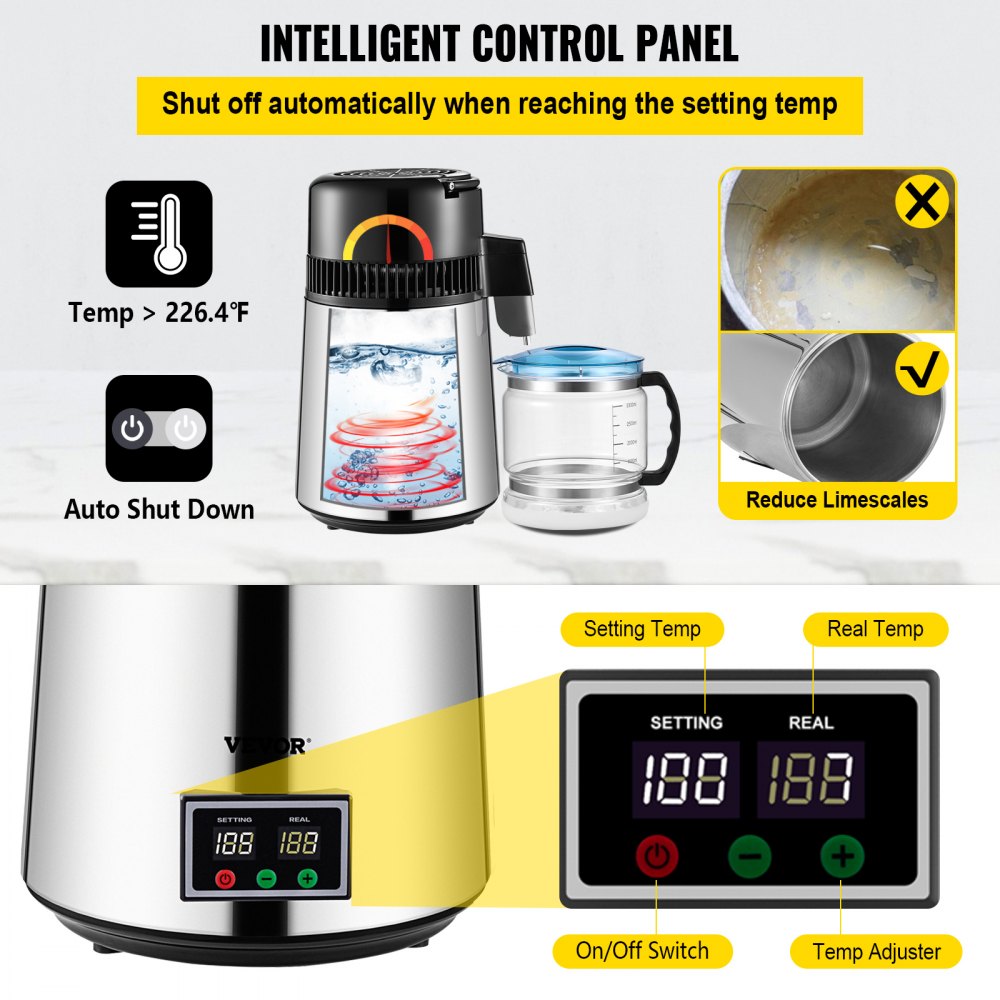 VEVOR 1.1 Gal Water Distiller, 0.3 Gal/H, 750W Distilled Water Maker Machine 0-99H Timing Set Temp Display, 304 Stainless Steel Countertop Distiller Glass Carafe Cleaning Powder 3 Carbon Packs, Silver