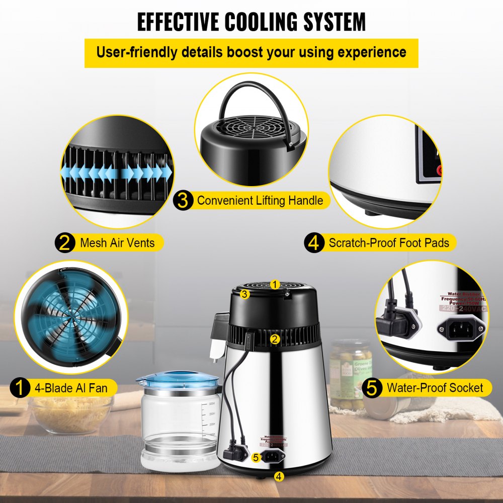 VEVOR 1.1 Gal Water Distiller, 0.3 Gal/H, 750W Distilled Water Maker Machine 0-99H Timing Set Temp Display, 304 Stainless Steel Countertop Distiller Glass Carafe Cleaning Powder 3 Carbon Packs, Silver