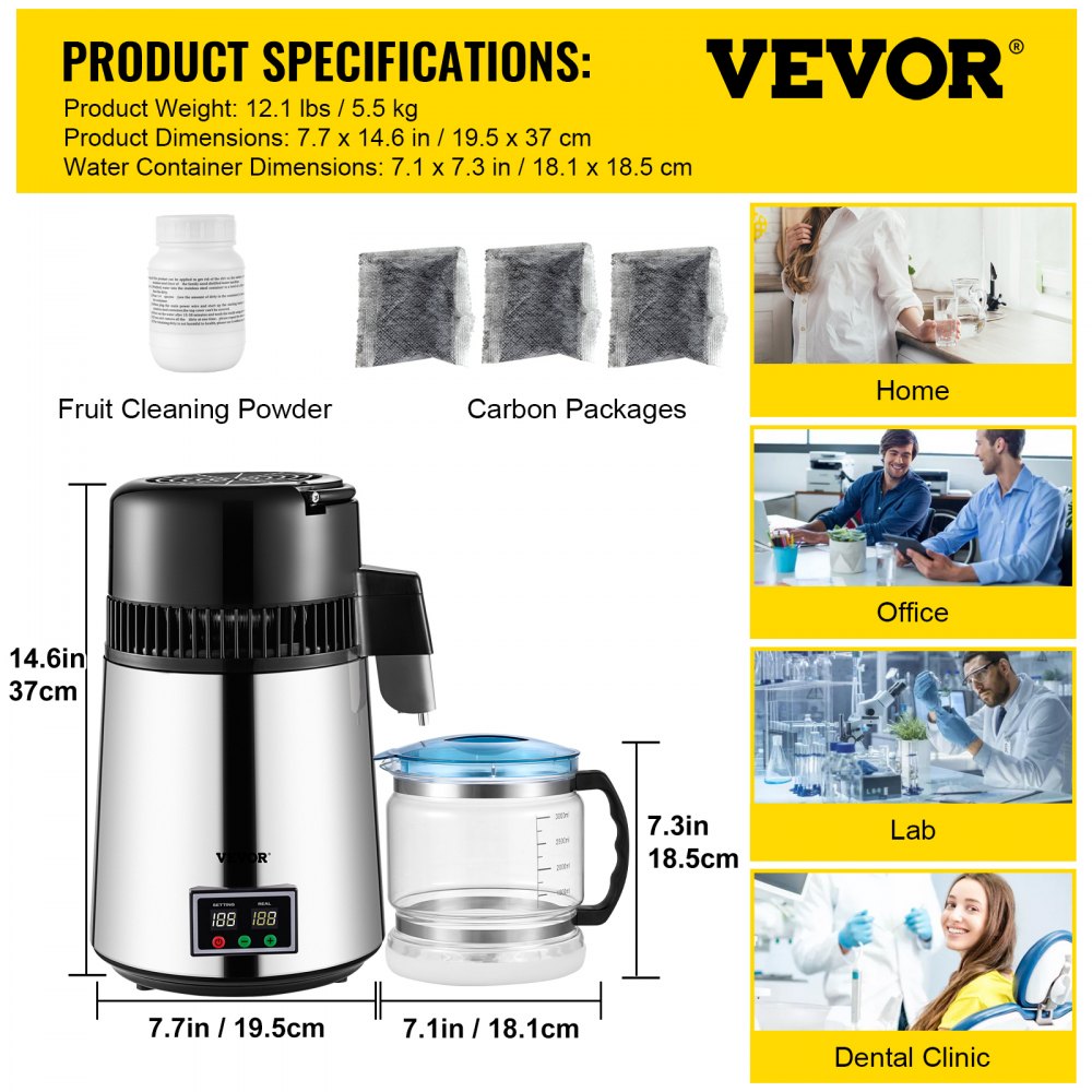 VEVOR 1.1 Gal Water Distiller, 0.3 Gal/H, 750W Distilled Water Maker Machine 0-99H Timing Set Temp Display, 304 Stainless Steel Countertop Distiller Glass Carafe Cleaning Powder 3 Carbon Packs, Silver