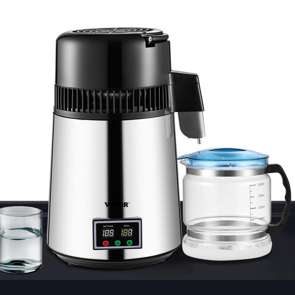 VEVOR 1.1 Gal Water Distiller, 0.3 Gal/H, 750W Distilled Water Maker Machine 0-99H Timing Set Temp Display, 304 Stainless Steel Countertop Distiller Glass Carafe Cleaning Powder 3 Carbon Packs, Silver