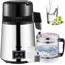 VEVOR 1.1 Gal Water Distiller, 0.3 Gal/H, 750W Distilled Water Maker Machine 0-99H Timing Set Temp Display, 304 Stainless Steel Countertop Distiller Glass Carafe Cleaning Powder 3 Carbon Packs, Silver
