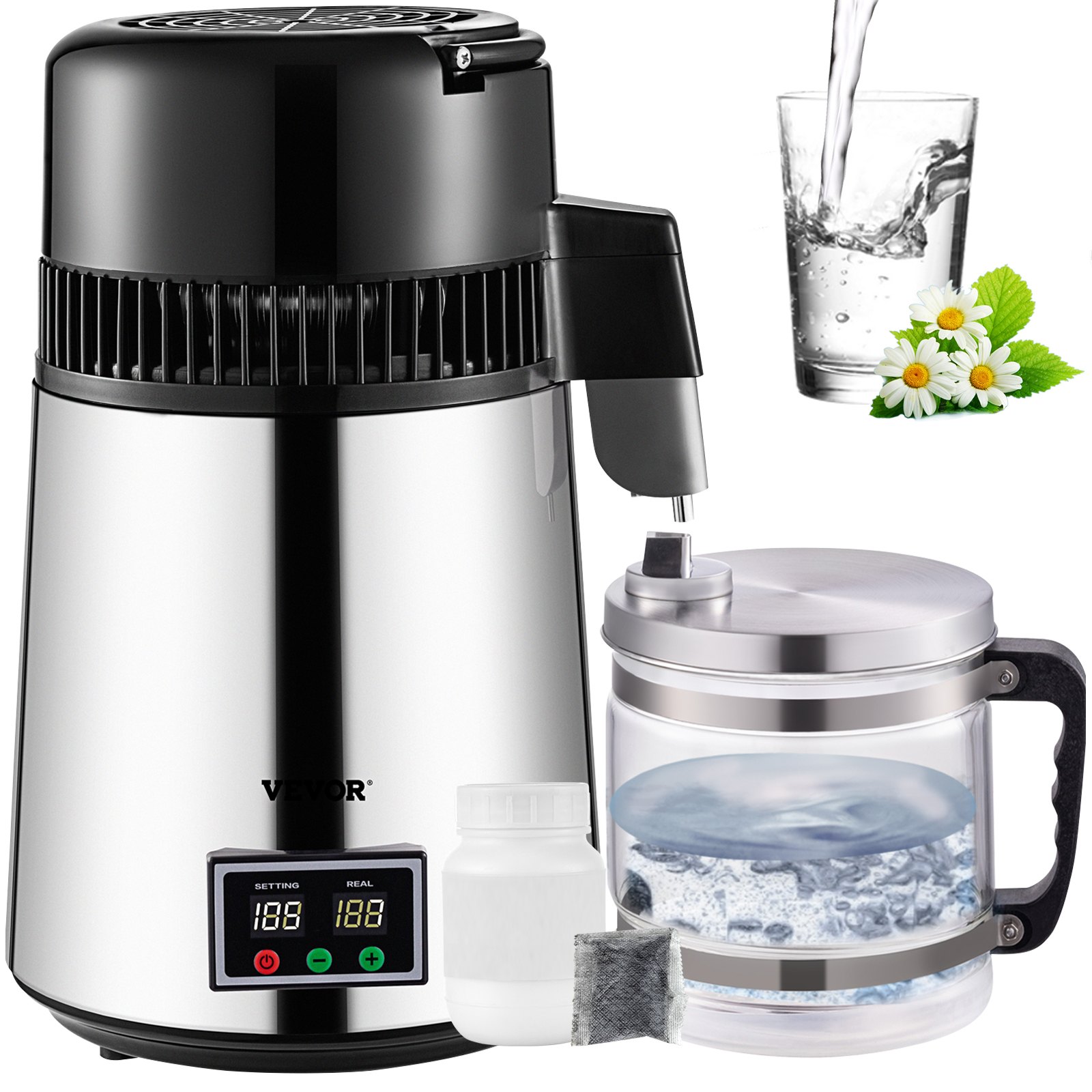 Sweiko 1.1 Gal Water Distiller, 0.3 Gal/H, 750W Distilled Water Maker Machine 0-99H Timing Set Temp Display, 304 Stainless Steel Countertop Distiller Glass Carafe Cleaning Powder 3 Carbon Packs, Silver Sweiko 1.1 Gal Water Distiller, 0.3 Gal/H, 750W Distilled Water Maker Machine 0-99H Timing Set Temp Display, 304 Stainless Steel Countertop Distiller Glass Carafe Cleaning Powder 3 Carbon Packs, Silver