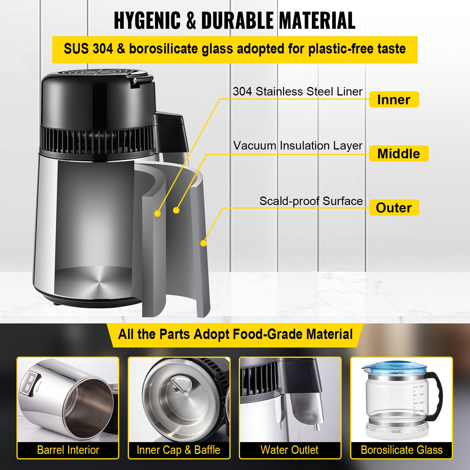 VEVOR 1.1 Gal Water Distiller, 0.3 Gal/H, 750W Distilled Water Maker Machine 0-99H Timing Set Temp Display, 304 Stainless Steel Countertop Distiller Glass Carafe Cleaning Powder 3 Carbon Packs, Silver