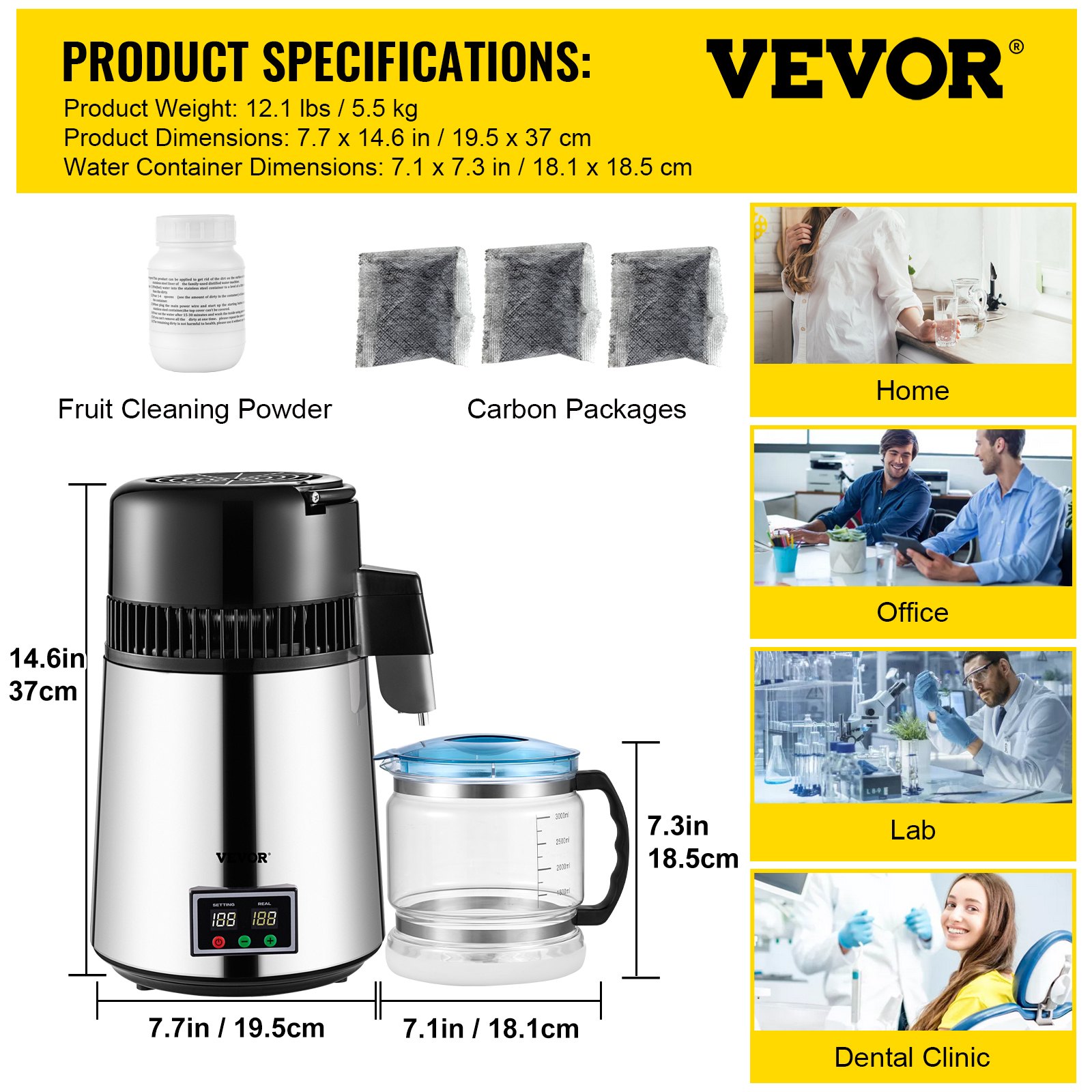 VEVOR 1.1 Gal Water Distiller, 0.3 Gal/H, 750W Distilled Water Maker Machine 0-99H Timing Set Temp Display, 304 Stainless Steel Countertop Distiller Glass Carafe Cleaning Powder 3 Carbon Packs, Silver