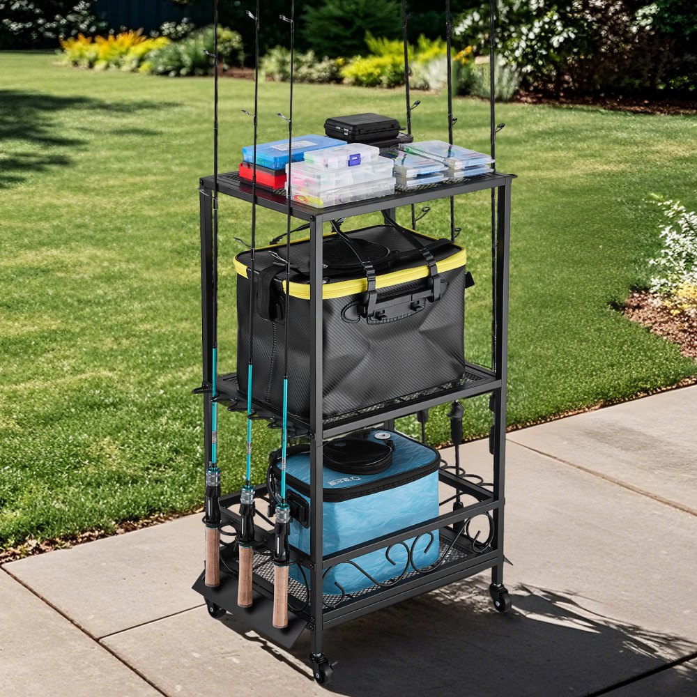 VEVOR Fishing Rod Holder for 10-Rods, Mobile Fishing Pole Rack Cart with Wheels, Fish Gear Equipment Organizer for Garage Home Indoor Use, for Tackle Box Reel Accessories Storage, Gifts for Men