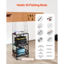 10 Pole Fishing Rod Holder Fishing Rack Cart Organizer with Wheels for Garage
