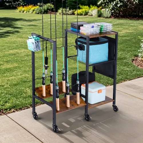 VEVOR Fishing Rod Holder for 12-Rods Mobile Fishing Pole Rack Cart with Wheels Fish Gear Equipment Organizer for Garage Home Indoor Use for Tackle