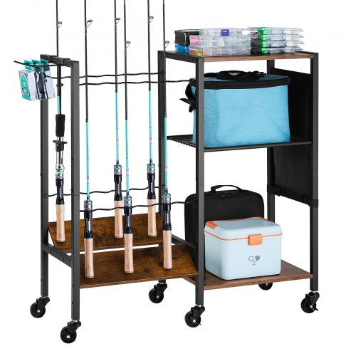 12 Pole Fishing Rod Holder Fishing Rack Cart Organizer with Wheels for Garage