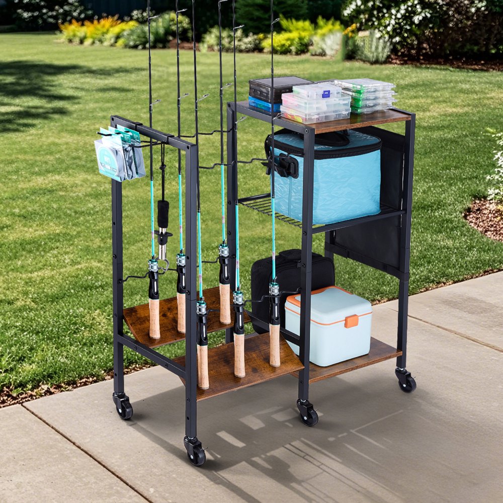 VEVOR Fishing Rod Holder for 12-Rods, Mobile Fishing Pole Rack Cart with Wheels, Fish Gear Equipment Organizer for Garage Home Indoor Use, for Tackle Box Reel Accessories Storage, Gifts for Men