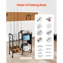 12 Pole Fishing Rod Holder Fishing Rack Cart Organizer with Wheels for Garage