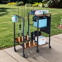 12 Pole Fishing Rod Holder Fishing Rack Cart Organizer with Wheels for Garage