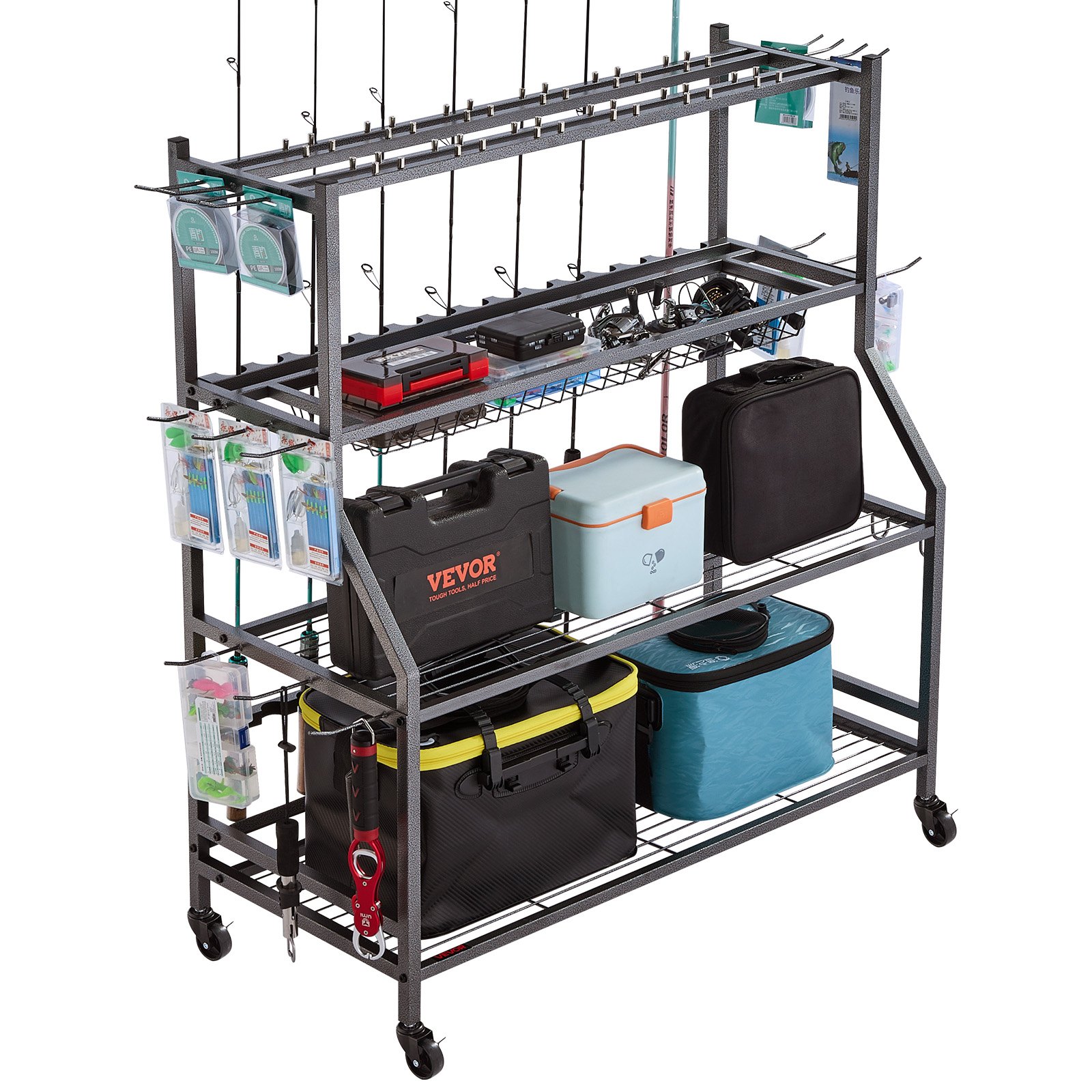 VEVOR Fishing Rod Holder for 15-Rods, Mobile Fishing Pole Rack Cart with Wheels, Fish Gear Equipment Organizer for Garage Home Indoor Use, for Tackle Box Reel Accessories Storage, Gifts for Men