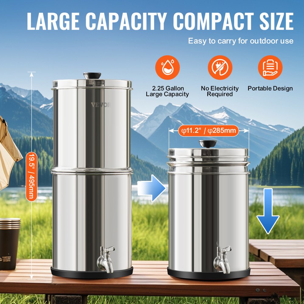 VEVOR Gravity-fed Water Filter System, 2.25G 304 Stainless-Steel Countertop System, Water Filtration System, Reduces Lead and up to 99% of Chlorine, with 2 Carbon Filters & Spigot, for Home Camping RV