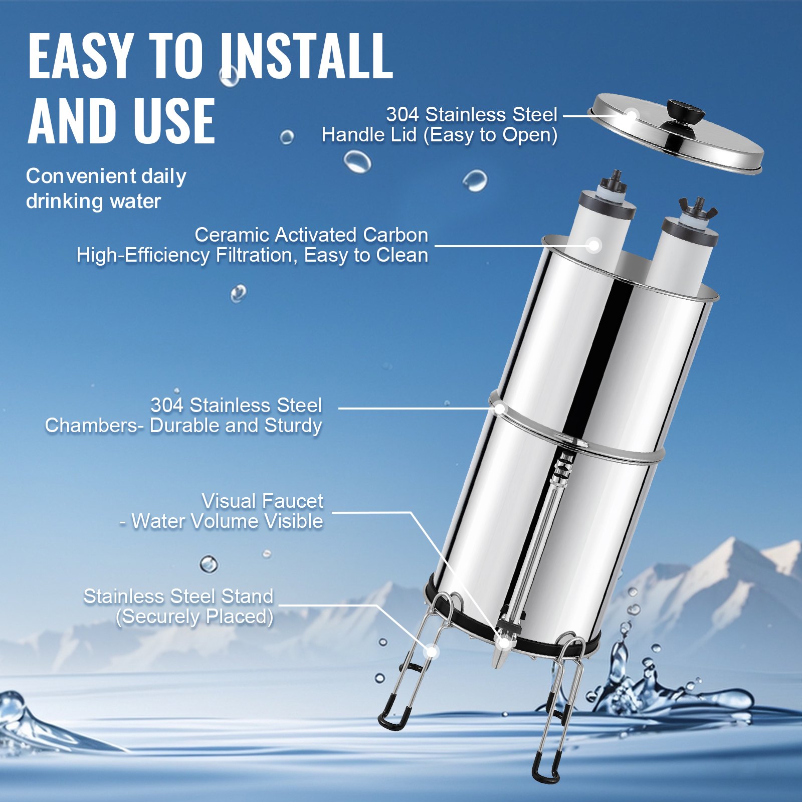 VEVOR Gravity-fed Water Filter System, 2.25G 304 Stainless-Steel Countertop Water Filtration System, Reduces Lead and up to 99% of Chlorine, with 2 Ceramic Carbon Filters, Water Level  Spigot, Stand
