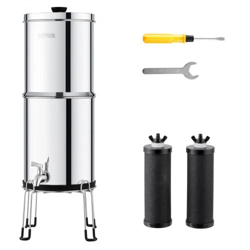 VEVOR Gravity-fed Water Filter System, 2.25G 304 Stainless-Steel Countertop Water Filtration System, Reduces Lead and up to 99% of Chlorine, with 2 Carbon Filters/Spigot/Stand, for Home Camping RV