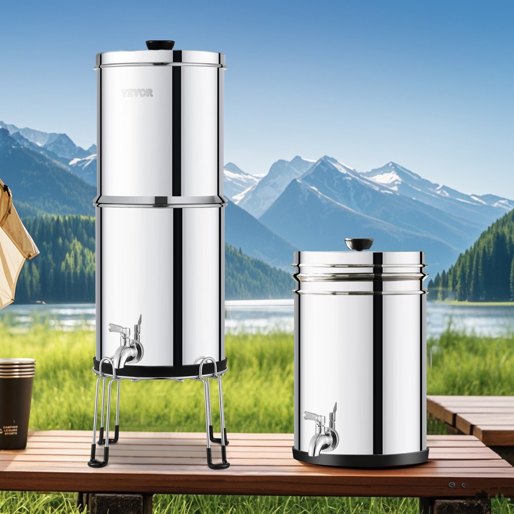 VEVOR Gravity-fed Water Filter System, 2.25G 304 Stainless-Steel Countertop Water Filtration System, Reduces Lead and up to 99% of Chlorine, with 2 Carbon Filters/Spigot/Stand, for Home Camping RV