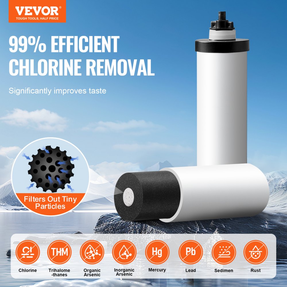 VEVOR Gravity-fed Water Filter System, 2.25G 304 Stainless-Steel Countertop Water Filtration System, Reduces Lead and up to 99% of Chlorine, with 2 Ceramic Carbon Filters, Spigot, and Stand
