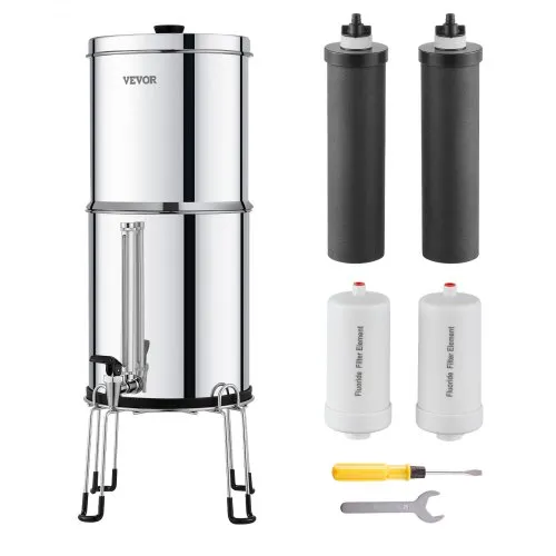 VEVOR Gravity-fed Water Filter System, 2.25G 304 Stainless-Steel Countertop Filtration System, Reduces Lead and up to 99% of Chlorine, with 2 Activated Carbon Filter, 2 Defluorination Filter, Spigot