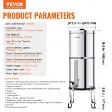 VEVOR 2.25G Gravity-fed Water Filter Countertop System Stainless Steel 4 Filters