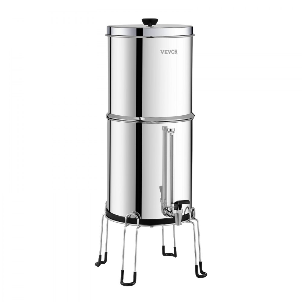 VEVOR Gravity-fed Water Filter System, 2.25G 304 Stainless-Steel Countertop System, Water Filtration System, Reduces Lead and up to 99% of Chlorine, with 2 Carbon Filters, Water Level  Spigot, Stand