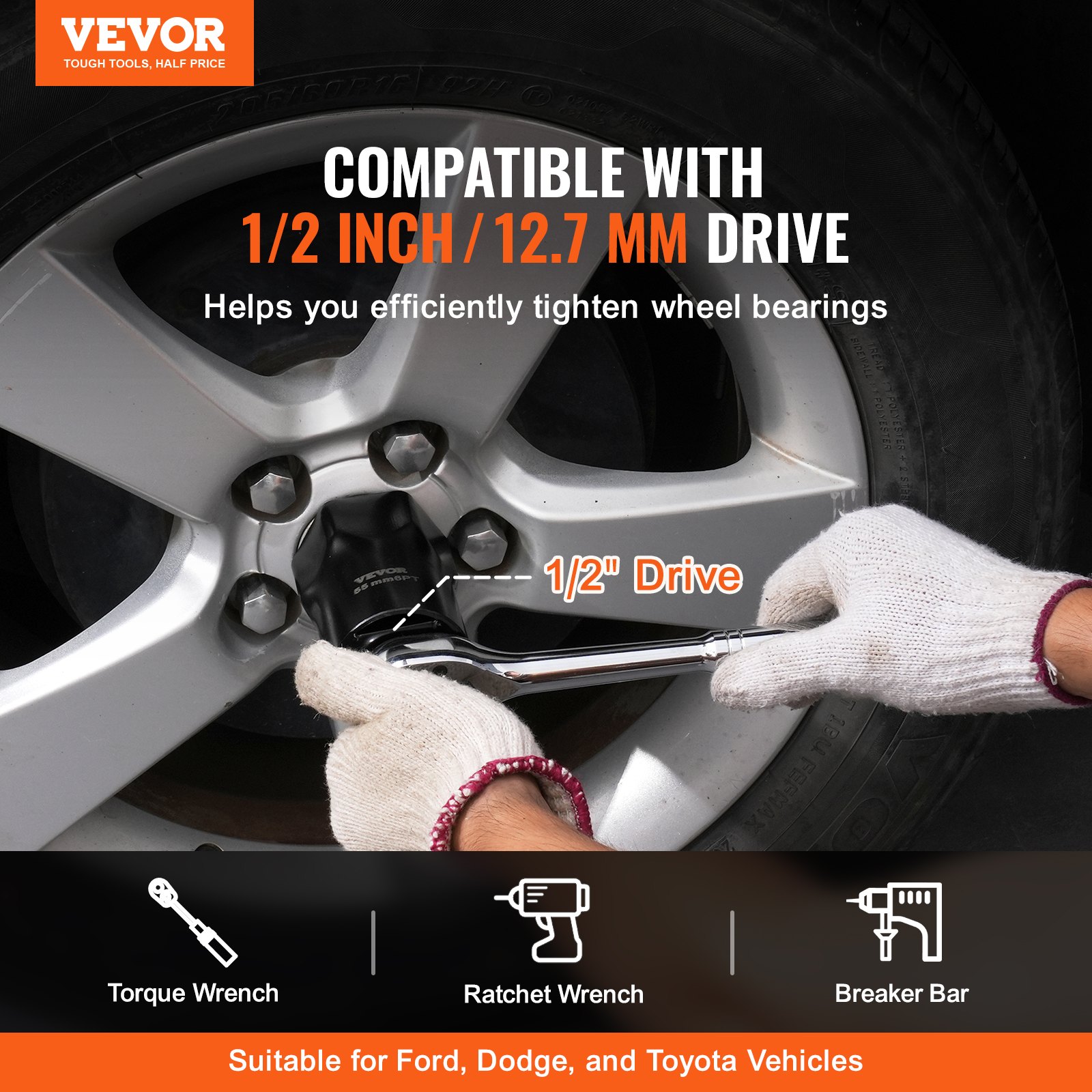 VEVOR Wheel Bearing Locknut Socket Set, 1/2 inch Drive 7 Piece SAE and Metric 6-Point Socket for Ford, Dodge, and Toyota Vehicles, with Storage Case, Remove and Install Wheel Bearing Lock Nuts