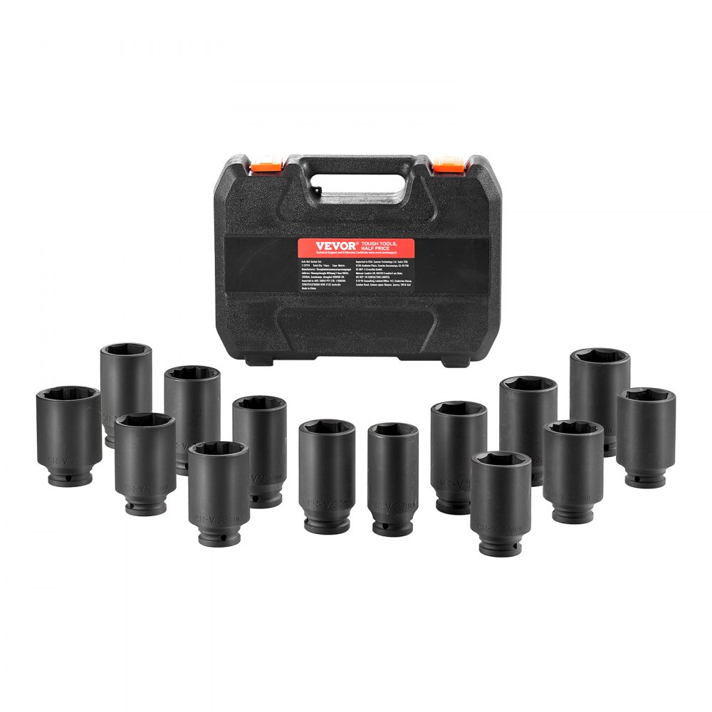 Conjunto de soquetes de impacto para porcas de eixo VEVOR 1/2" de profundidade 6+12 pontos 14 peças soquete métrico