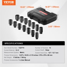 VEVOR Axle Nut Impact Socket Set 1/2" Drive Deep 6+12-Point 14PCS Metric Socket