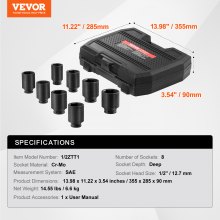 VEVOR Axle Nut Impact Socket Set 1/2" Drive Deep 6-Point 8PCS SAE Nut Socket