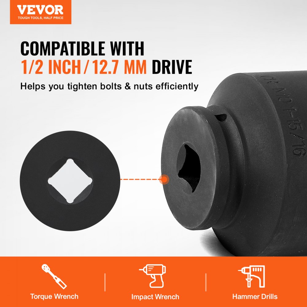 VEVOR Axle Nut Impact Socket Set, 1/2" Drive 6-Point 4-Piece SAE Spindle Nut Socket Set, CR-MO Heat Treated Large Socket Set with Storage Case, for Auto Repair, Removing or Installing Axle Nuts