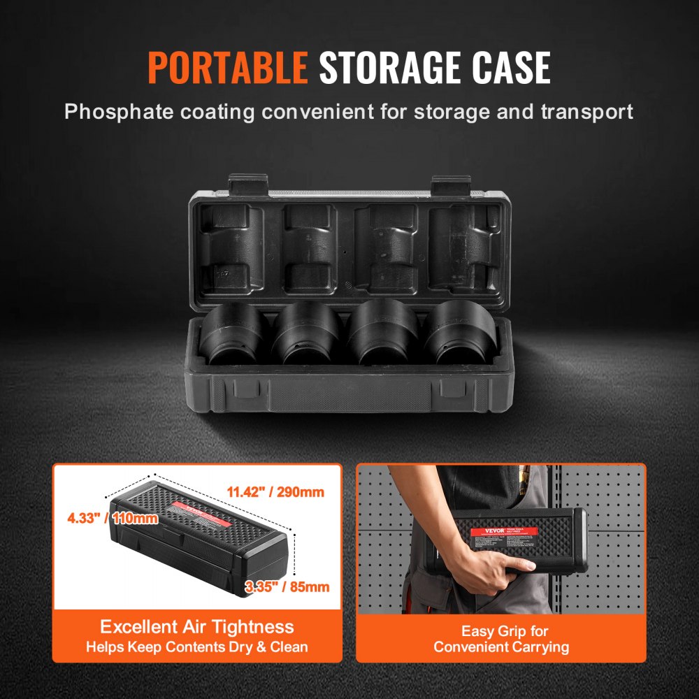 VEVOR Axle Nut Impact Socket Set, 1/2" Drive 6-Point 4-Piece SAE Spindle Nut Socket Set, CR-MO Heat Treated Large Socket Set with Storage Case, for Auto Repair, Removing or Installing Axle Nuts