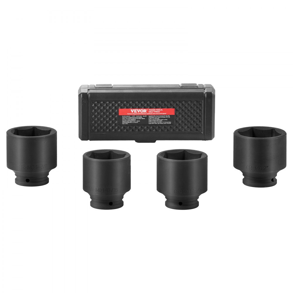 VEVOR Axle Nut Impact Socket Set, 1/2" Drive 6-Point 4-Piece SAE Spindle Nut Socket Set, CR-MO Heat Treated Large Socket Set with Storage Case, for Auto Repair, Removing or Installing Axle Nuts