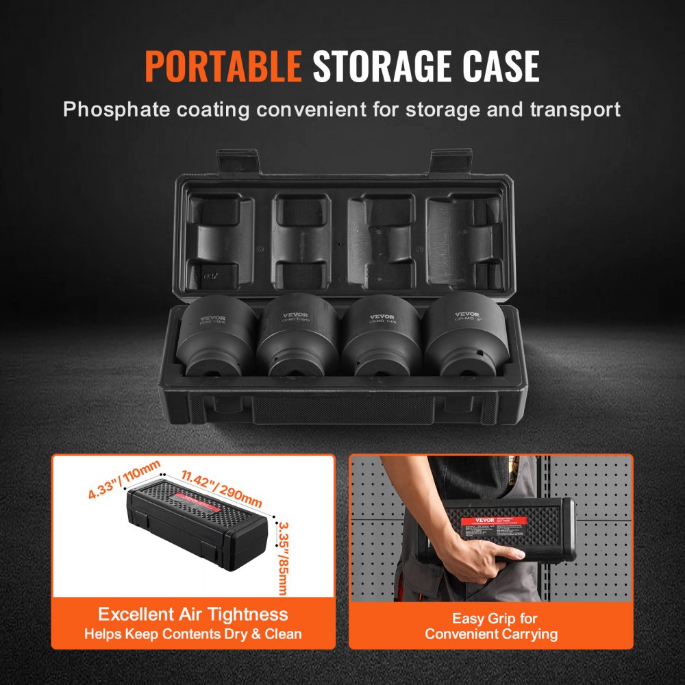 VEVOR Axle Nut Impact Socket Set, 1/2" Drive 6-Point 4-Piece SAE Spindle Nut Socket Set, CR-MO Heat Treated Large Socket Set with Storage Case, for Auto Repair, Removing or Installing Axle Nuts