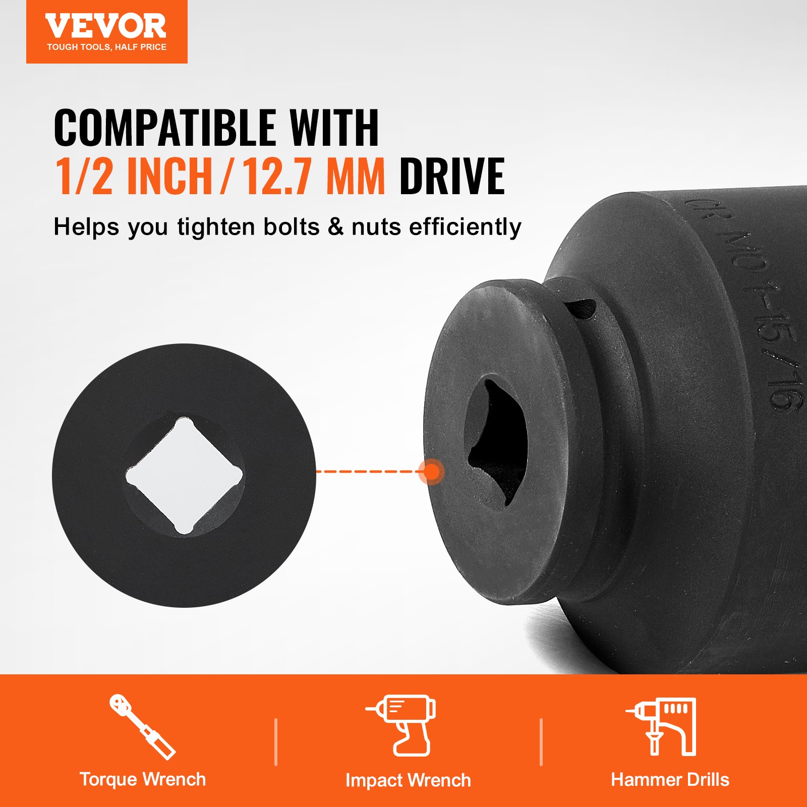 VEVOR Axle Nut Impact Socket Set, 1/2" Drive 6-Point 4-Piece SAE Spindle Nut Socket Set, CR-MO Heat Treated Large Socket Set with Storage Case, for Auto Repair, Removing or Installing Axle Nuts