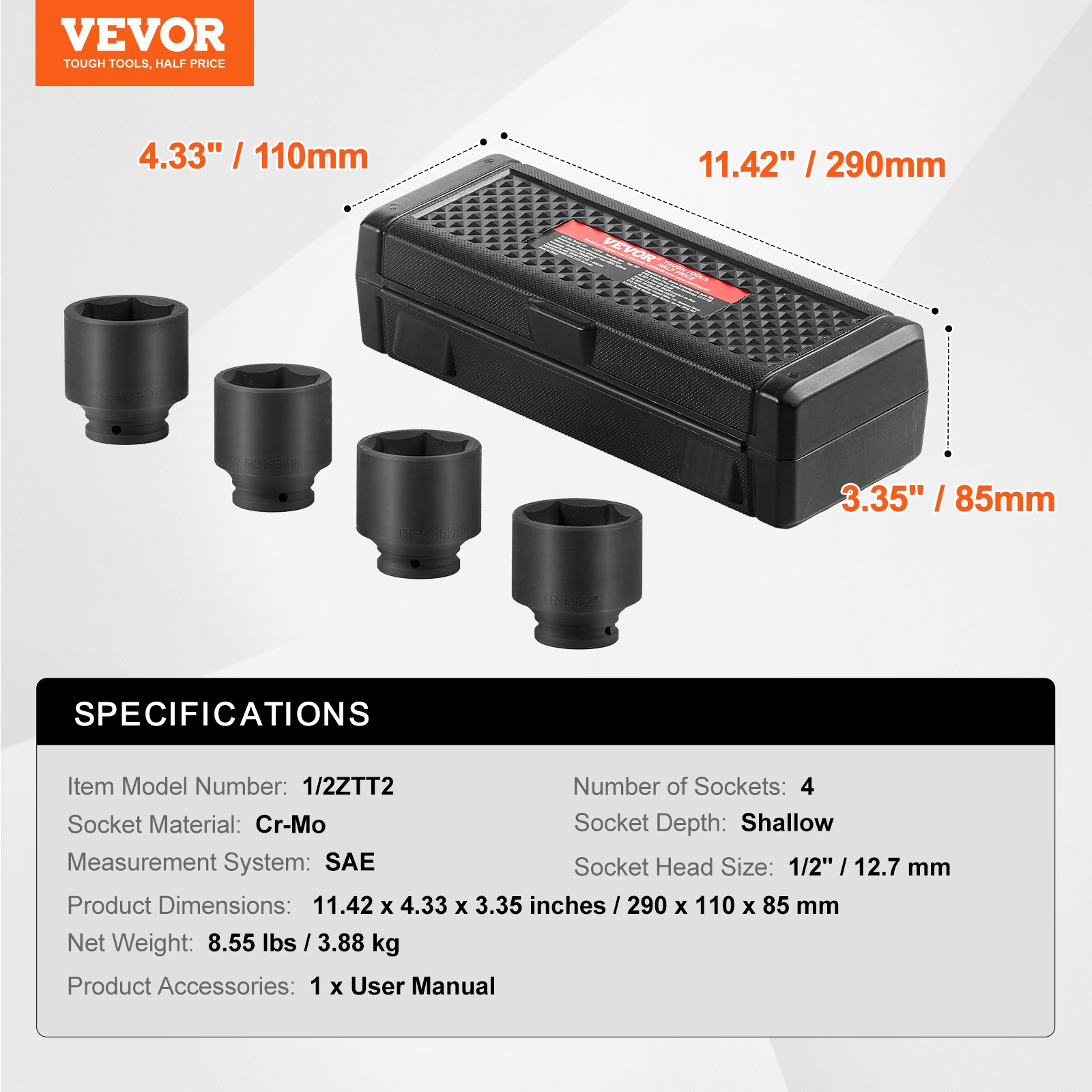 VEVOR Axle Nut Impact Socket Set, 1/2" Drive 6-Point 4-Piece SAE Spindle Nut Socket Set, CR-MO Heat Treated Large Socket Set with Storage Case, for Auto Repair, Removing or Installing Axle Nuts
