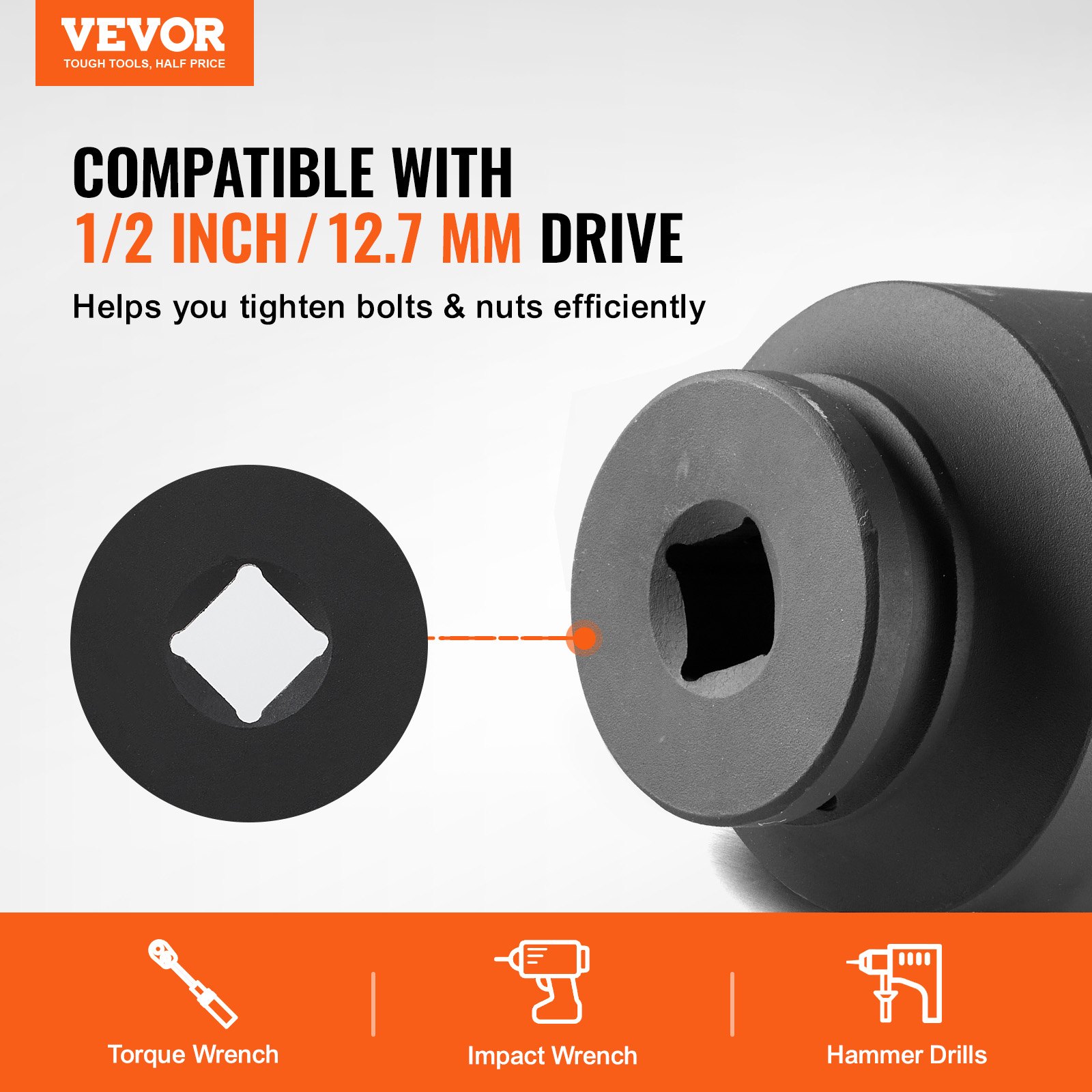 VEVOR Axle Nut Impact Socket Set, 1/2" Drive 6-Point 4-Piece SAE Spindle Nut Socket Set, CR-MO Heat Treated Large Socket Set with Storage Case, for Auto Repair, Removing or Installing Axle Nuts