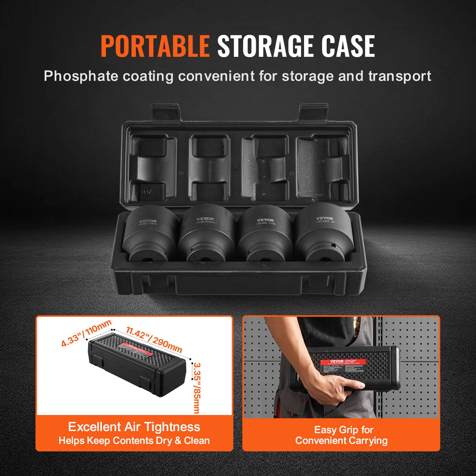 VEVOR Axle Nut Impact Socket Set, 1/2" Drive 6-Point 4-Piece SAE Spindle Nut Socket Set, CR-MO Heat Treated Large Socket Set with Storage Case, for Auto Repair, Removing or Installing Axle Nuts