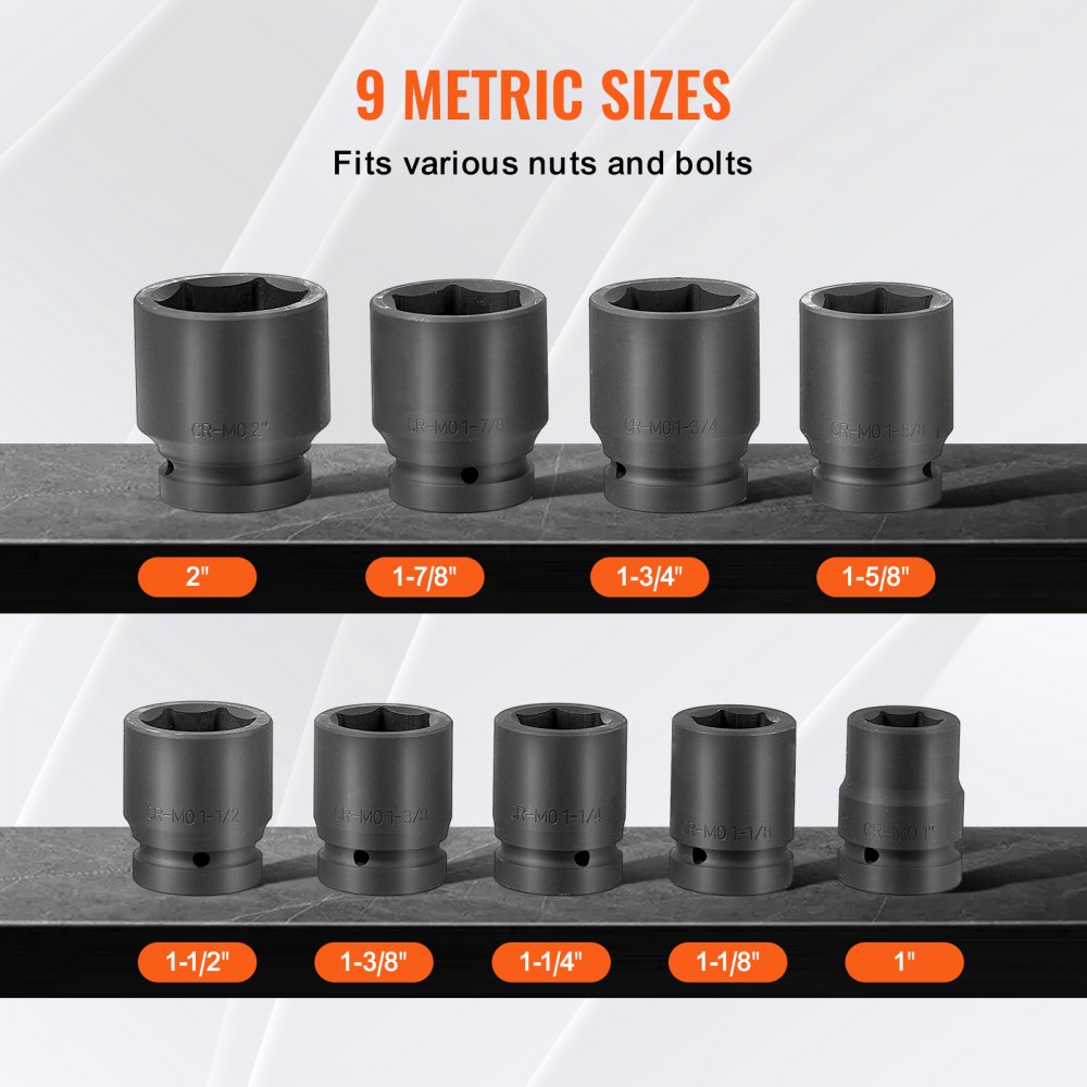 VEVOR Axle Nut Impact Socket Set, 1" Drive 6-Point 9-Piece SAE Spindle Nut Socket Set, CR-MO Heat Treated Large Socket Set with Storage Case, for Auto Repair, Removing or Installing Axle Nuts
