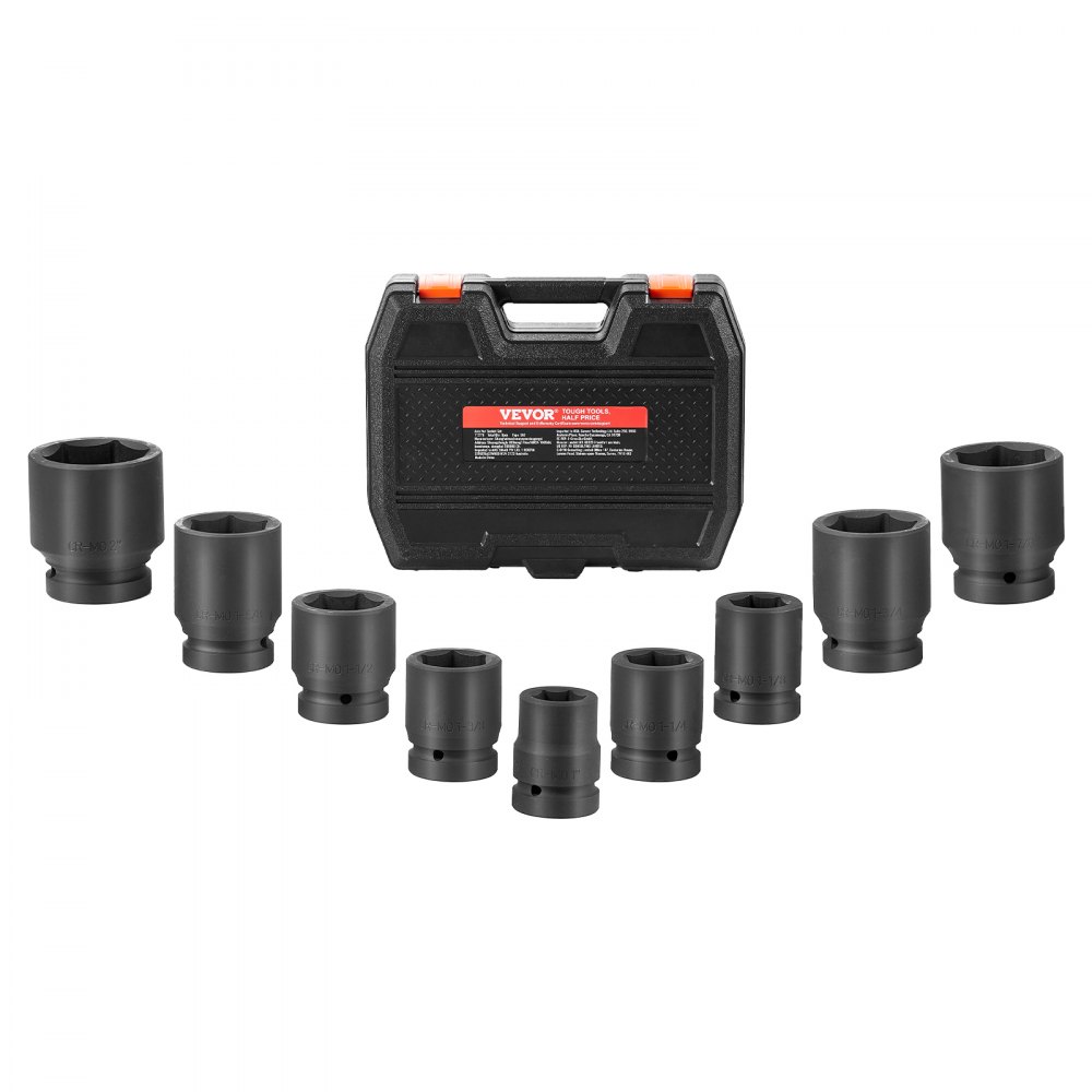 VEVOR Axle Nut Impact Socket Set, 1" Drive 6-Point 9-Piece SAE Spindle Nut Socket Set, CR-MO Heat Treated Large Socket Set with Storage Case, for Auto Repair, Removing or Installing Axle Nuts