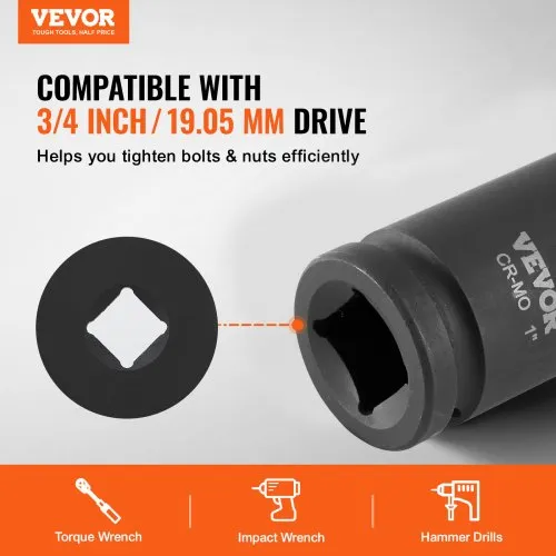 3/4" Inch Drive Deep Impact Socket,6-Point,Sae 1",80mmL,CR - View #2