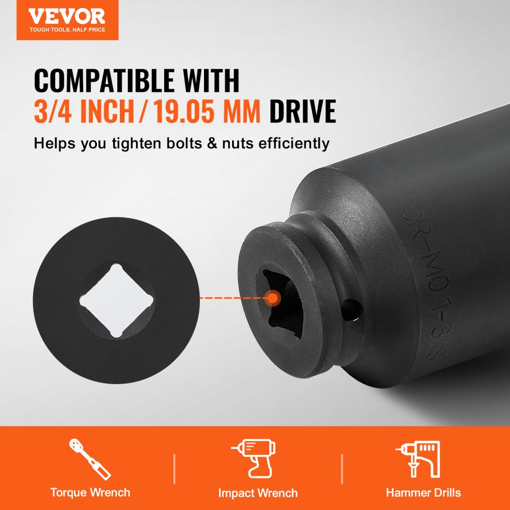 VEVOR Axle Nut Impact Socket Set, 3/4" Drive Deep 6-Point 8-Piece SAE Spindle Nut Socket Set, CR-MO Heat Treated Large Socket Set with Storage Case, for Auto Repair, Removing or Installing Axle Nuts