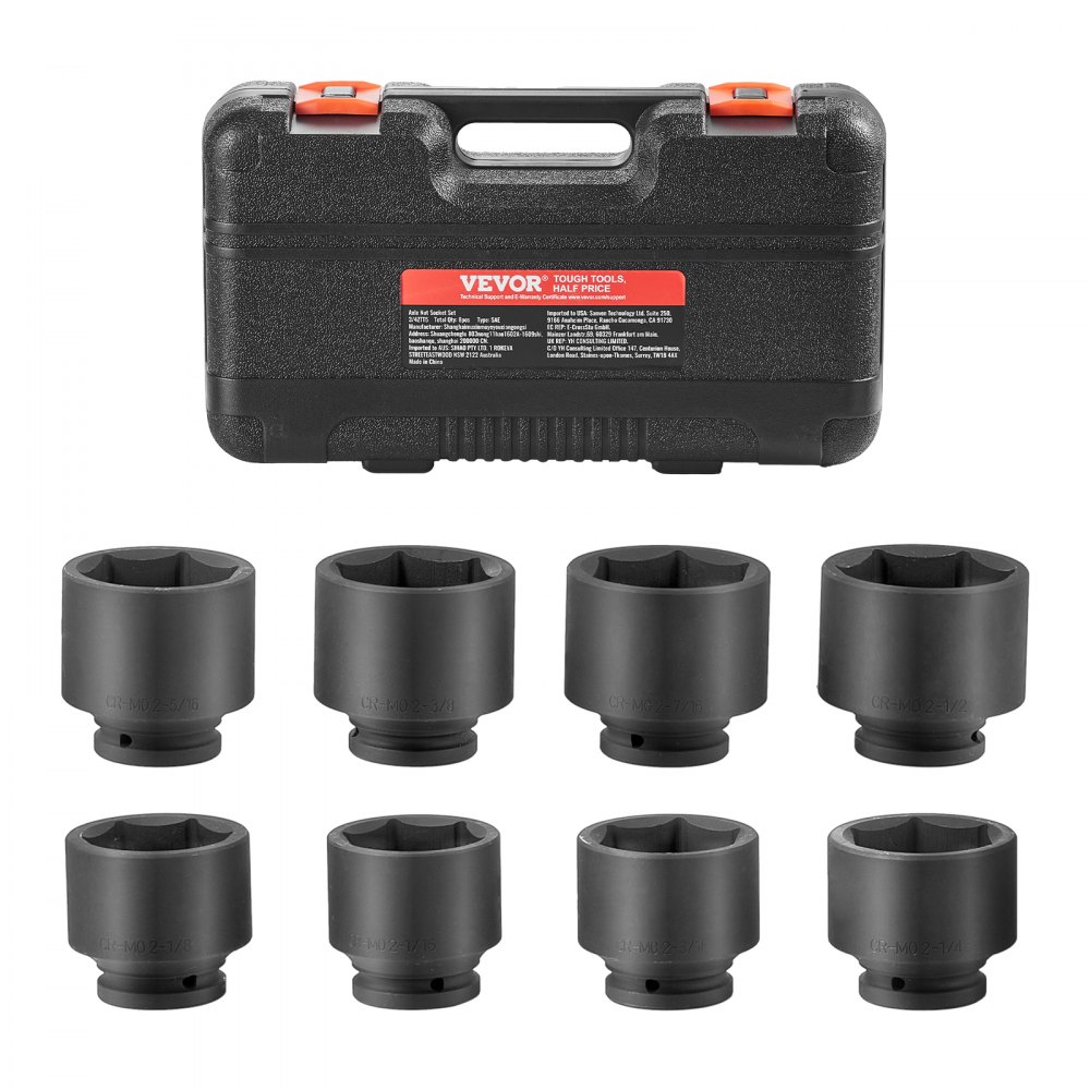 VEVOR Axle Nut Impact Socket Set, 3/4" Drive 6-Point 8-Piece SAE Spindle Nut Socket Set, CR-MO Heat Treated Large Socket Set with Storage Case, for Auto Repair, Removing or Installing Axle Nuts
