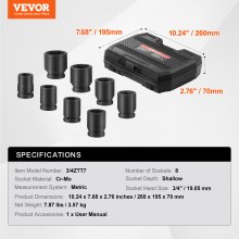 VEVOR Axle Nut Impact Socket Set 3/4" Drive 6-Point 8PCS Metric Spindle Socket