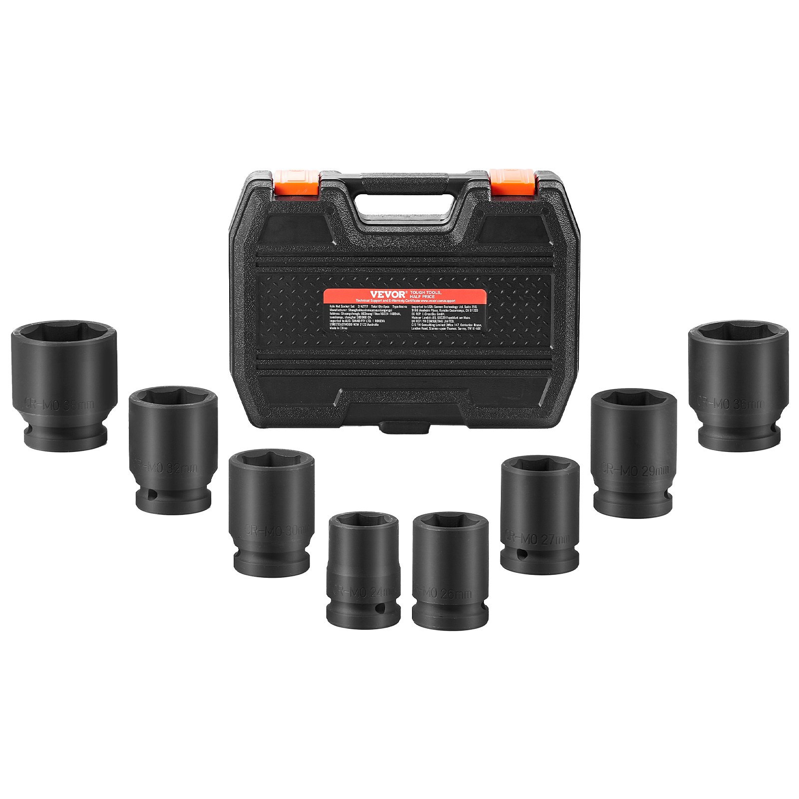 VEVOR Axle Nut Impact Socket Set 3/4" Drive 6-Point 8PCS Metric Spindle Socket