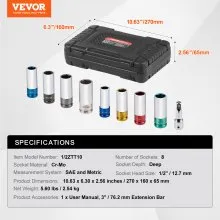 VEVOR Lug Nut Impact Socket Set 1/2 in Drive Metric and SAE 6-Point Deep Socket