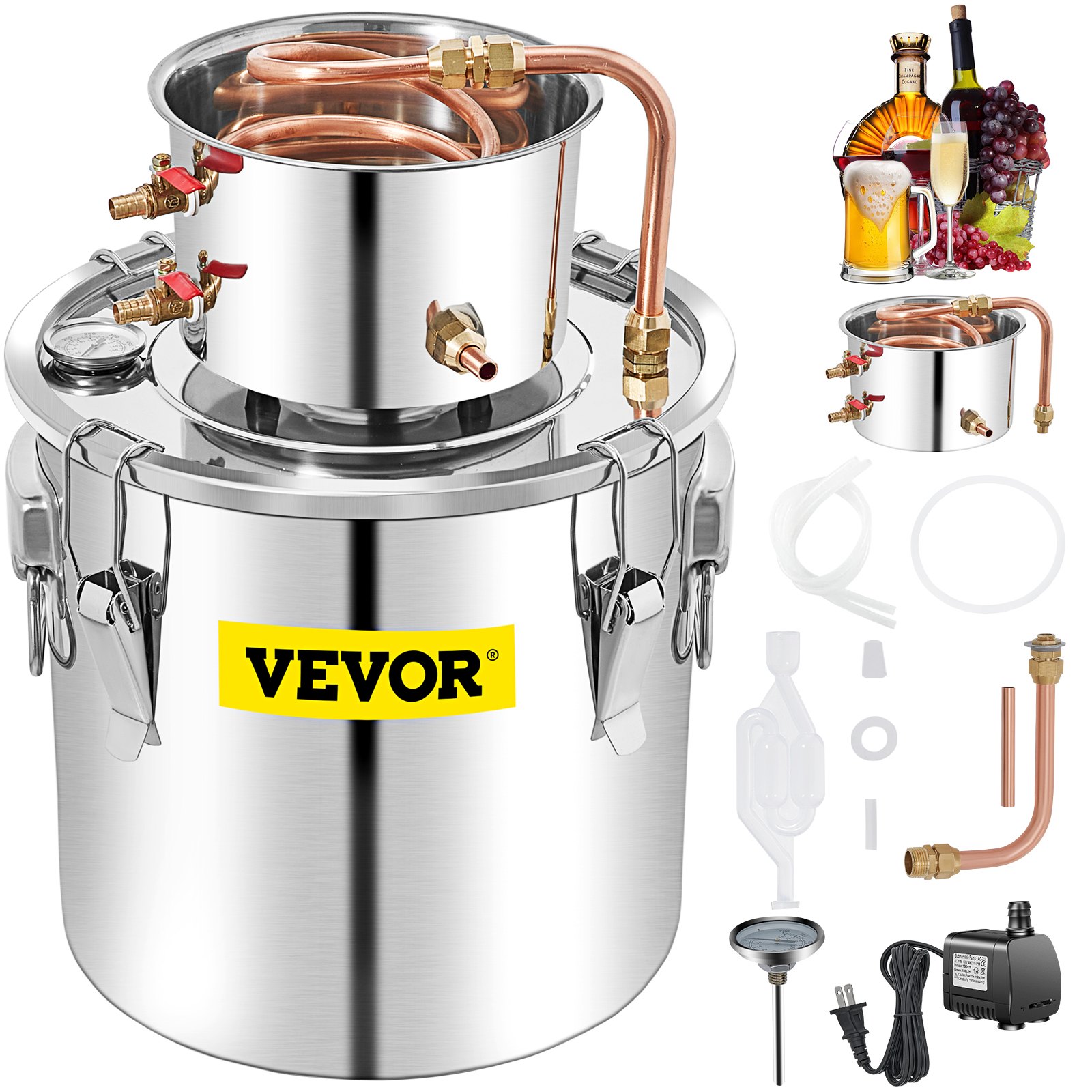 VEVOR Alcohol Still 13.2Gal/50L, Alcohol Still Copper Tube, Alcohol Distiller with Circulating Pump, Whiskey Distilling Kit w/Build-In Thermometer, Whiskey Making Kit for DIY Alcohol, Stainless Steel