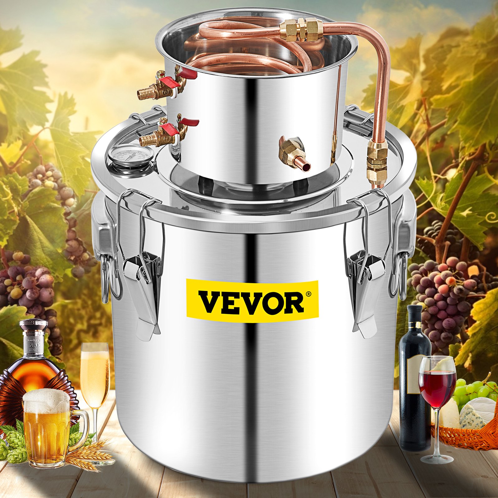 VEVOR Alcohol Still 13.2Gal/50L, Alcohol Still Copper Tube, Alcohol Distiller with Circulating Pump, Whiskey Distilling Kit w/Build-In Thermometer, Whiskey Making Kit for DIY Alcohol, Stainless Steel