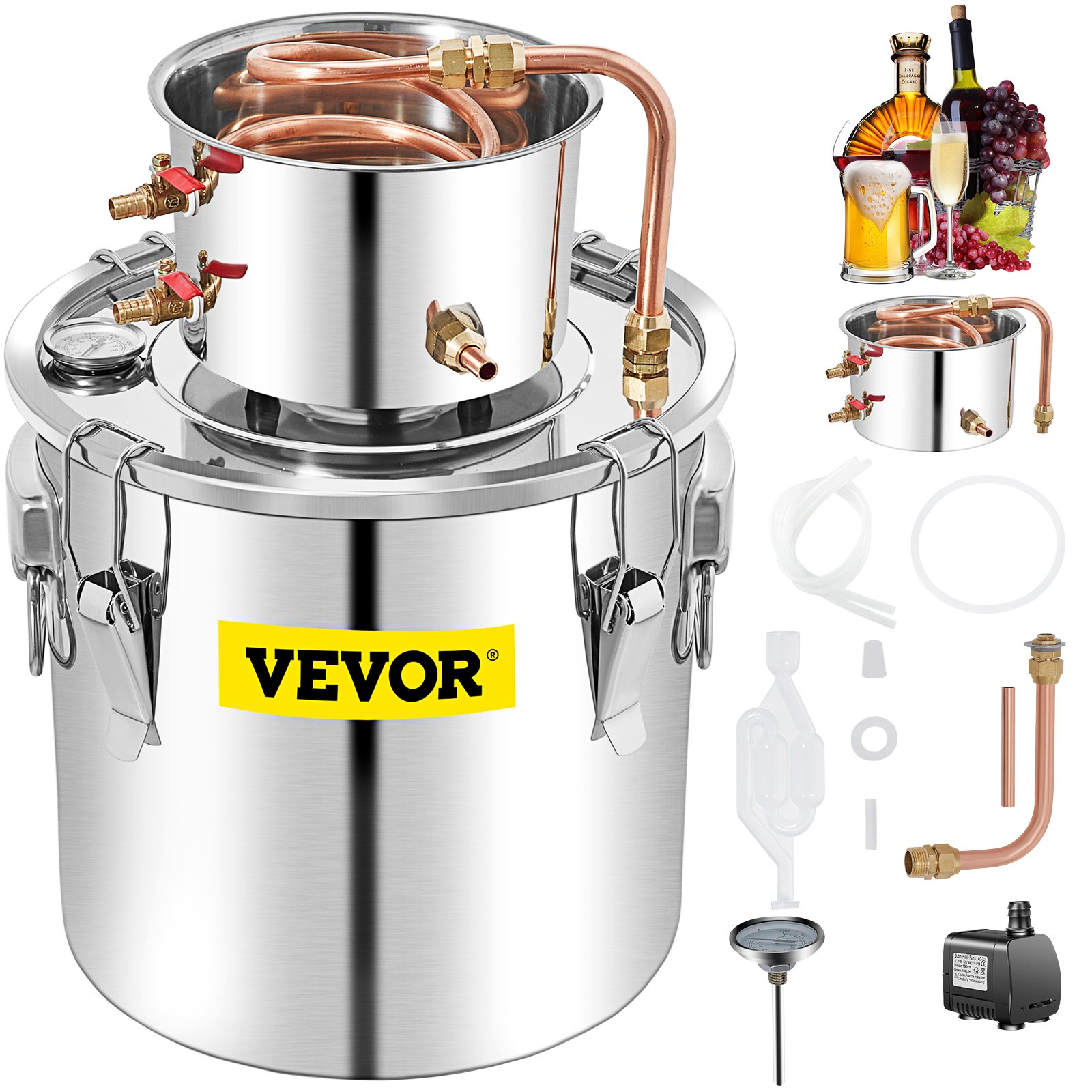 VEVOR Alcohol Still, 50L Stainless Steel Water Alcohol Distiller with Condenser, 13.2Gal Wine Making Boiler with Copper Tube, Home Brewing Kit with Built-in Thermometer for DIY Whisky Wine Brandy, Sil