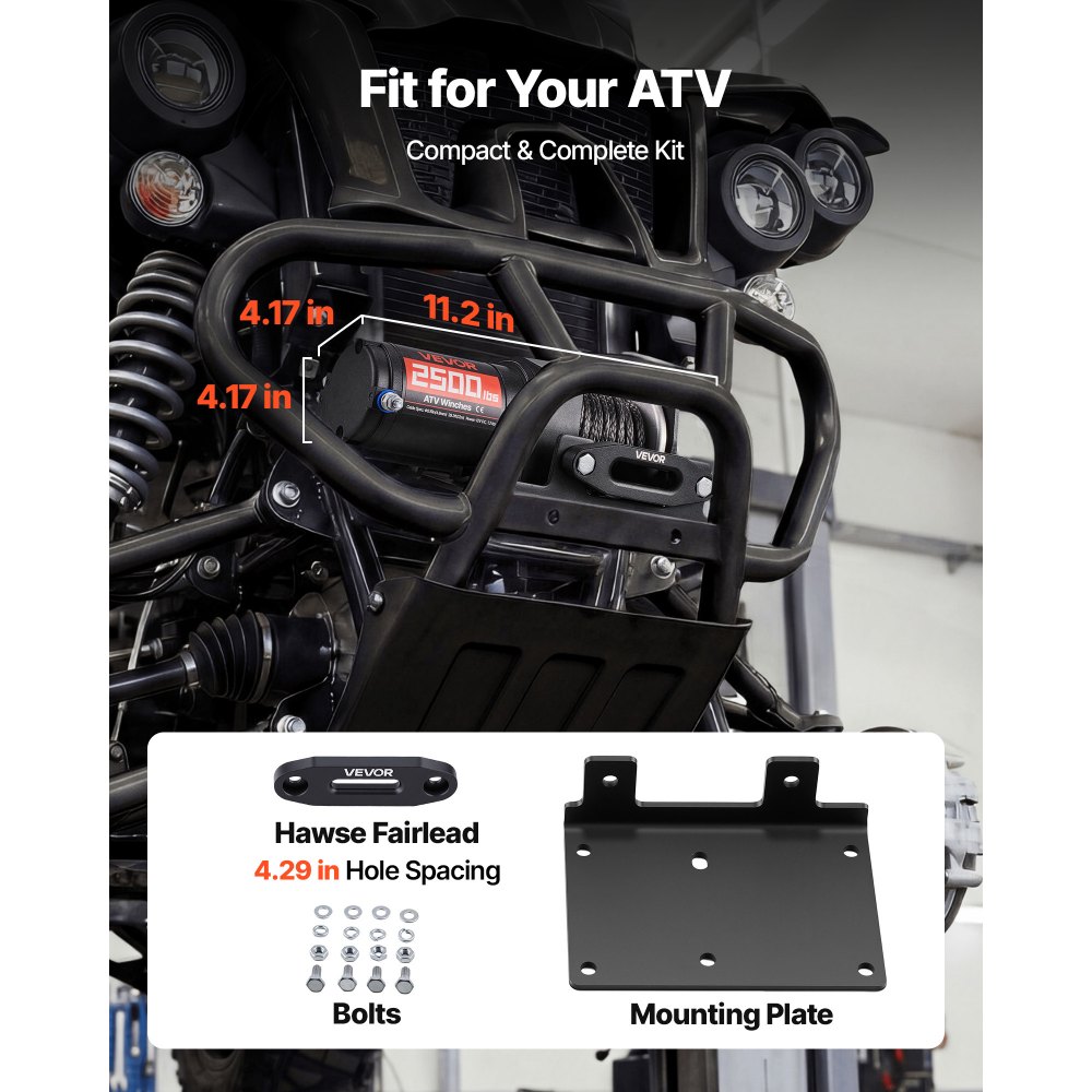 VEVOR 1134 kg Electric Winch, 12V DC ATV/UTV Winch with Φ4.8 mm x 12 m Synthetic Rope & Wired Remote Control, IP55 Waterproof, Aluminum Housing Fairlead Mount Plate for Towing ATV, Black